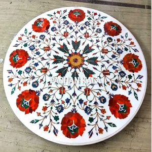 Table à manger rectangulaire en marbre blanc avec un motif floral bleu roi audacieux au centre et une bordure incrustée assortie, en gros. - Product Image 5