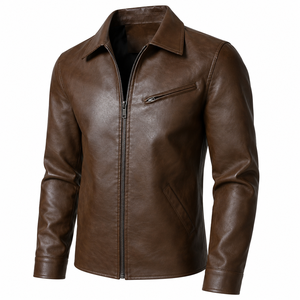 Men’s Premium Brown PU Leather <b>Jacket</b> with Turn Down Collar, Zip Front, Side Pockets and <b>Smart</b> Streetwear Style - Product Image 3