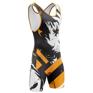 Singlet de Lucha Libre Sublimado para Hombre, Diseño de Lobo, Negro y Naranja, Tirantes Cruzados, Sin Mangas, Uniforme Ajustado, Personalizado para Equipos - Product Image 5