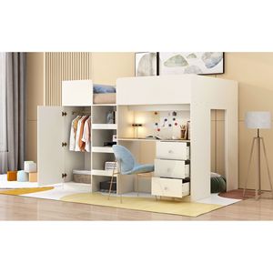 Letto a soppalco beige full-size con armadio integrato, scrivania e scaffali portaoggetti - per dormitori, struttura in legno - Product Image 4