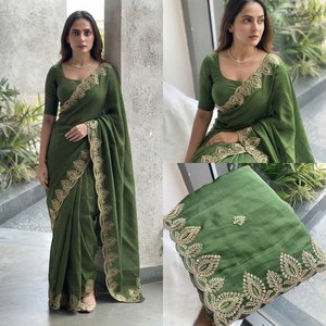 Sari en soie verte avec bordure brodée or, tenue de mariage indienne traditionnelle, longueur ras du sol, coupe classique, toutes saisons, pour femme - Product Image 4
