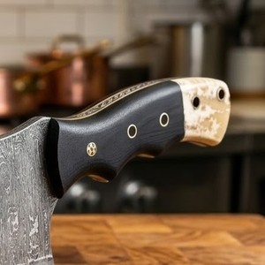 Couteau à hacher ambidextre moderne fait main sur mesure 8-9,9 pouces en acier Damas avec manche en corne et micarta, étui en cuir, compatible lave-vaisselle - Product Image 5