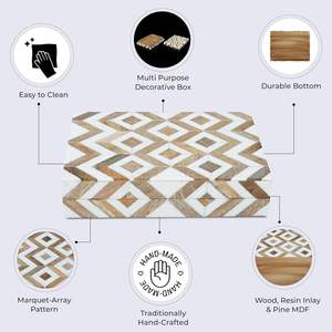 Rectangular Wood Storage Box With Geometric Pattern White And Brown Inlay Design For <b>Jewelry</b> <b>Organizers</b> - Product Image 4
