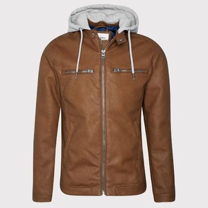 เสื้อแจ็คเก็ตหนังผู้ชายสีน้ำตาลมีฮู้ดสไตล์ไบค์เกอร์ - Product Image 1