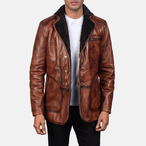 Veste en cuir marron pour homme avec boutons recouverts de fourrure et demi-zip, col rabattu en fourrure, meilleure veste en cuir pour homme - Product Image 2