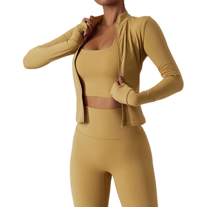 Conjunto Deportivo Personalizado para Mujer, Talla Grande, Color Sólido, Transpirable, de Secado Rápido, Ligero, Amarillo, para Gimnasio, Fitness, Yoga, con Chaqueta con Cremallera - Product Image 3