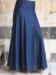 Jupe midi plissée en jean taille haute pour femme, coupe trapèze, unie, décontractée, en coton tissé, style ample, printemps - Product Image 6