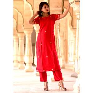 Robe Kurta et pantalon en rayonne rouge, taille XS - Product Image 6