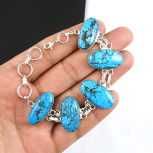 925 Sterling Silver Magnesite Turquoise Link <b>Bracelet</b> Handcrafted Natural Opaque Gemstone Oval <b>Stone</b> Chain <b>Bracelet</b> Jewelry - Product Image 6