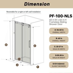 Puerta Corredera Individual sin Marco para Ducha, 56-60'' de Ancho x 60'' de Alto, Vidrio Templado Transparente de 1/4'' (6mm), a Prueba de Explosiones, Acero Inoxidable - Product Image 5