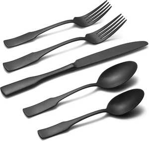 Ensemble de couverts en acier inoxydable noir mat, design minimaliste, passe au lave-vaisselle, ensemble de couverts de camping, 5 pièces, sans BPA et respectueux de l'environnement - Product Image 1