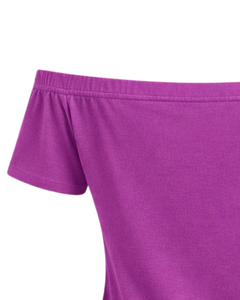T-shirt femme violet orchidée, épaules dénudées, manches courtes, coupe ajustée, décontracté, été, coton doux, tee-shirt pour femme, fabricant OEM personnalisé - Product Image 5