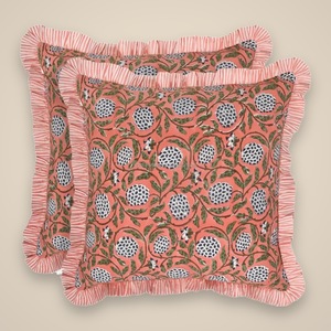 RIDHI Hot Selling Dark Salmon Frill Ruffles Cotton Block Print Floral Removable Eco-Friendly Customizable <b>Throw</b> Pillow <b>Covers</b> - Product Image 1