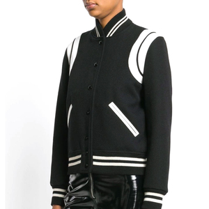 Blouson universitaire pour femme, noir et blanc contrasté, manches longues, broderie, hiver, longueur standard, simple boutonnage, polyester et coton tissé - Product Image 3