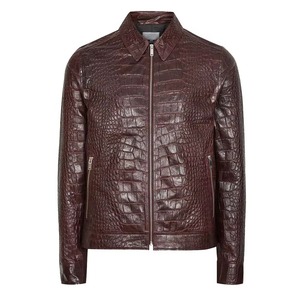 Chaqueta de Cuero Genuino con Grabado de Cocodrilo para Hombre, Cuello Alto, Cierre Frontal con Cremallera, Transpirable, Estilo Motero, Corte Regular para Invierno - Product Image 5