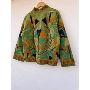 Premium Green Floral Embroidered Knitted Breathable Cotton Suzani <b>Jacket</b> Autumn Winter Regular Coat Gift Her - Product Image 5