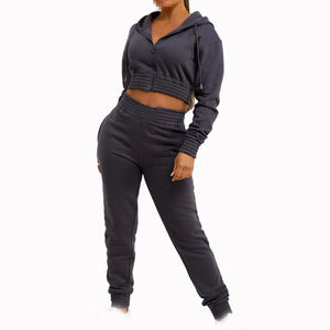Custom <b>Black</b> 2 Piece Women's Tracksuit Set <b>Zip</b> Front Cropped <b>Hoodie</b> and Sweatpants Women's 2 Piece Cropped Tracksuit - Product Image 6