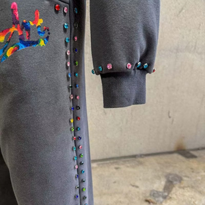Nouveau sweat à capuche zippé vintage en velours pur coton épais, délavé à l'acide, imprimé motif losanges, respirant, style streetwear personnalisé - Product Image 4