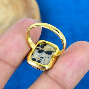 Bagues en pierre précieuse de jaspe dalmatien naturel faites à la main, forme coussin, plaqué or 18 carats sur argent sterling 925 - Product Image 4
