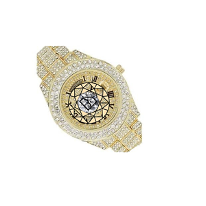 Montre en acier inoxydable de 46 mm avec chiffres romains incrustés de diamants jaunes, style hip-hop américain, mouvement à quartz - Product Image 4