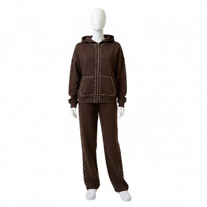 Ensemble de survêtement unisexe d'hiver respirant marron à capuche, couleur unie avec détails en strass, fermeture éclair intégrale, style streetwear décontracté - Product Image 3