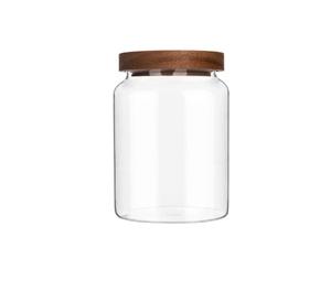 Frasco de Vidrio Transparente con Tapa de Madera Maciza Marrón, Frasco Redondo Decorativo de Vidrio Transparente, Perfecto para Azúcar, Sal, Café, Té, Dulces - Product Image 1