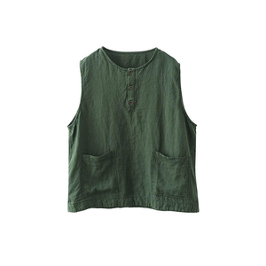 Women <b>Linen</b> Cotton Solid Woven Sleeveless Shirt Loose Fit Henley Tank Summer Casual Pullover with Side Pockets - Product Image 5
