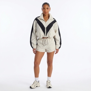 Premium Quality <b>Women</b> 2 Piece Cream Sporty Set Color Blocked <b>Jacket</b> High Waist Shorts Zipper Loose Fit Spring <b>Summer</b> Casual Wear - Product Image 1