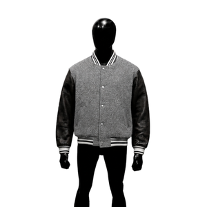 Blouson universitaire gris en gros avec manches en cuir PU noir, col rabattu, tenue décontractée d'automne, streetwear d'hiver décontracté haut de gamme - Product Image 1