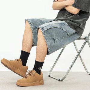 Shorts Bermuda en jean délavé écologique vintage pour homme, taille haute élastique, style décontracté, gris clair, 100 % coton - Product Image 4