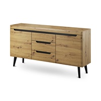 Buffet moderne en bois massif de style nordique Newry avec 3 tiroirs et 2 portes, style scandinave du milieu du siècle, pieds coniques, armoire de salon