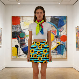 Ventes flash sur Temu |   Jupe évasée tendance à imprimé tournesol, mini-jupe taille haute à rayures turquoise et noires pour l'été - Product Image 6