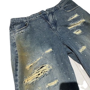 Nuevos y elegantes pantalones vaqueros para hombre, pantalones vaqueros holgados rasgados rectos desgastados con diamantes de imitación, pantalones vaqueros informales de moda para hombre con lavado ácido - Product Image 6