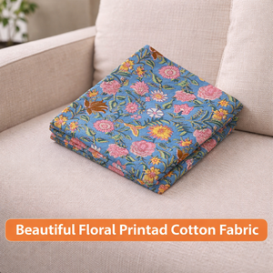 Tela de Algodón con Estampado Floral Multicolor en Azul Cielo |   Textil Artesanal Jaipuri de Verano para Vestidos Boho, Servilletas y Prendas - Product Image 4