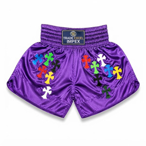 Trade Excel Impex <b>Men's</b> Unisex <b>Green</b> Satin Muay Thai MMA <b>Shorts</b> Colorful Cross Appliques Eco-Friendly 100% Polyester Quick Dry - Product Image 4