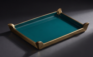 Plateau de service rectangulaire décoratif en métal émaillé vert sarcelle foncé avec bordure dorée en forme de corne, idéal pour le salon, les boissons et les aliments. - Product Image 5