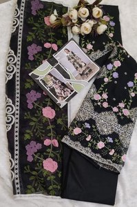 Kameez élégant en coton semi-couturé avec broderie, pantalon en coton assorti, dupatta en mousseline avec bordure en organza, pour fêtes, hiver et été - Product Image 4