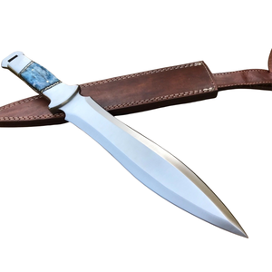 Couteau de chasse artisanal en acier D2 avec manche en os de chameau bleu teinté, lame fixe polie et étui en cuir marron - Product Image 1