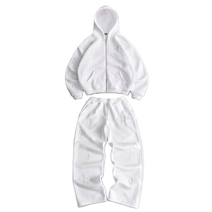 Unisex <b>White</b> Embroidered Fleece Tracksuit Set Hooded Full Length Casual All Seasons Loose Fit <b>2</b> <b>Piece</b> Knitted Cotton - Product Image 3