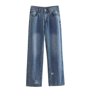 Jeans de Mujer Azul Medio Desgastado, Corte Recto, Algodón Denim, Talle Alto, Acabado Whisker Wash, Pantalones Casuales de Estilo Urbano - Product Image 1