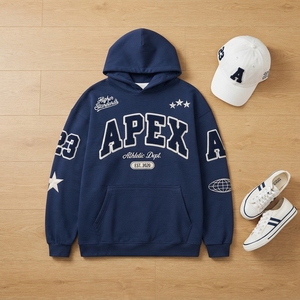 <b>Men's</b> <b>Navy</b> Blue Embroidered Hoodie Premium Cotton <b>Fleece</b> Pullover Streetwear Sweatshirt Custom Logo Wholesale Fashion - Product Image 2