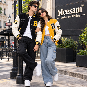 Varsity Jacket Light Blue White Sleeve Embroidered Logo 23 Number Preppy Style <b>Turn</b>-down Collar <b>Button</b> Closure - Product Image 5