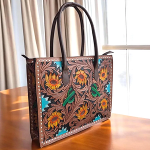 Sac fourre-tout en cuir travaillé peint à la main pour femmes |   Sac à main en cuir véritable Western Floral Sunflower - Product Image 5