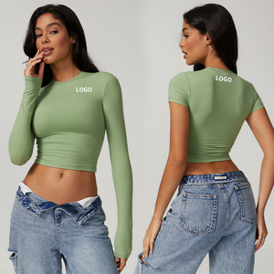 Crop top vert pour femme, manches longues, col rond, coupe ajustée, tricoté, couleur unie, décontracté, toutes saisons - Product Image 1