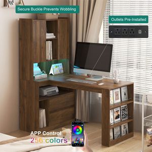 Scrivania Moderna a L per Ufficio Domestico con Luce LED, Cassetti e Libreria per Scrivere e Leggere - Product Image 2