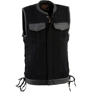 Gilet en cuir noir pour homme MDM3011 2025, 'fermeture éclair cachée', lacets latéraux, gilet de motard en denim avec garniture en cuir - Product Image 1