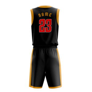 Ensemble d'uniformes de basketball personnalisés pour hommes, noir et or, maillot sans manches col en V et short, avec nom et numéro d'équipe, imprimé éclair, kits en gros - Product Image 6