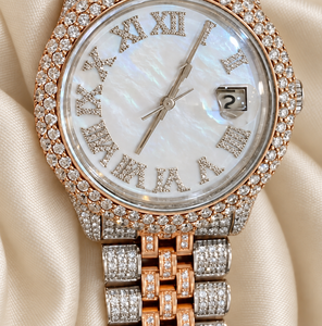 Montre de luxe pour femme Raj Gems, quartz, chiffres romains, effet perle, aiguille date, bracelet en verre 18 mm, acier inoxydable 43 mm, style Hip Hop - Product Image 5