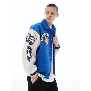 Chaqueta Varsity Azul y Blanca para Hombre, Estilo Preppy, con Parches Bordados, Cuello Camisero, Corte Regular, para Otoño - Product Image 3