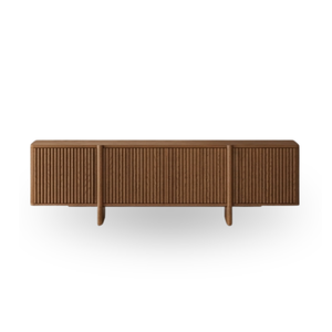 Meuble de salon moderne, écologique, durable, fait main, en bois massif, console de rangement à panneaux cannelés, brun - Product Image 1